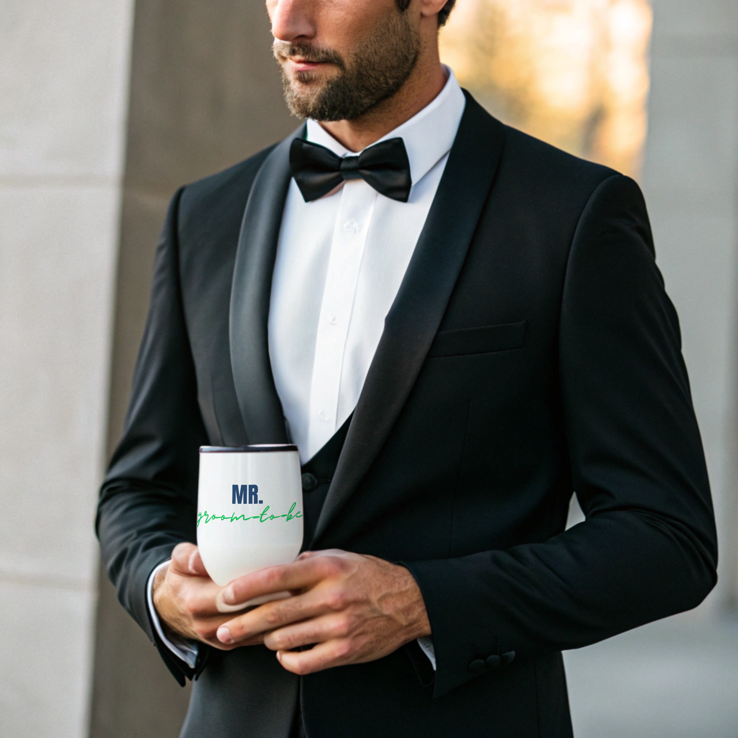 "Mr. Groom-To-Be" Wine Tumbler (12oz/355ml) (White)